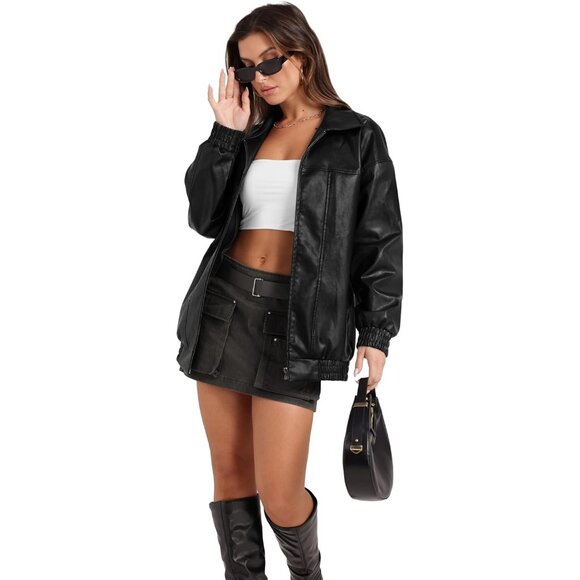 Women Black Faux Leather Oversized Motorcycle Bomber Jacket Coat - Picture 5 of 6